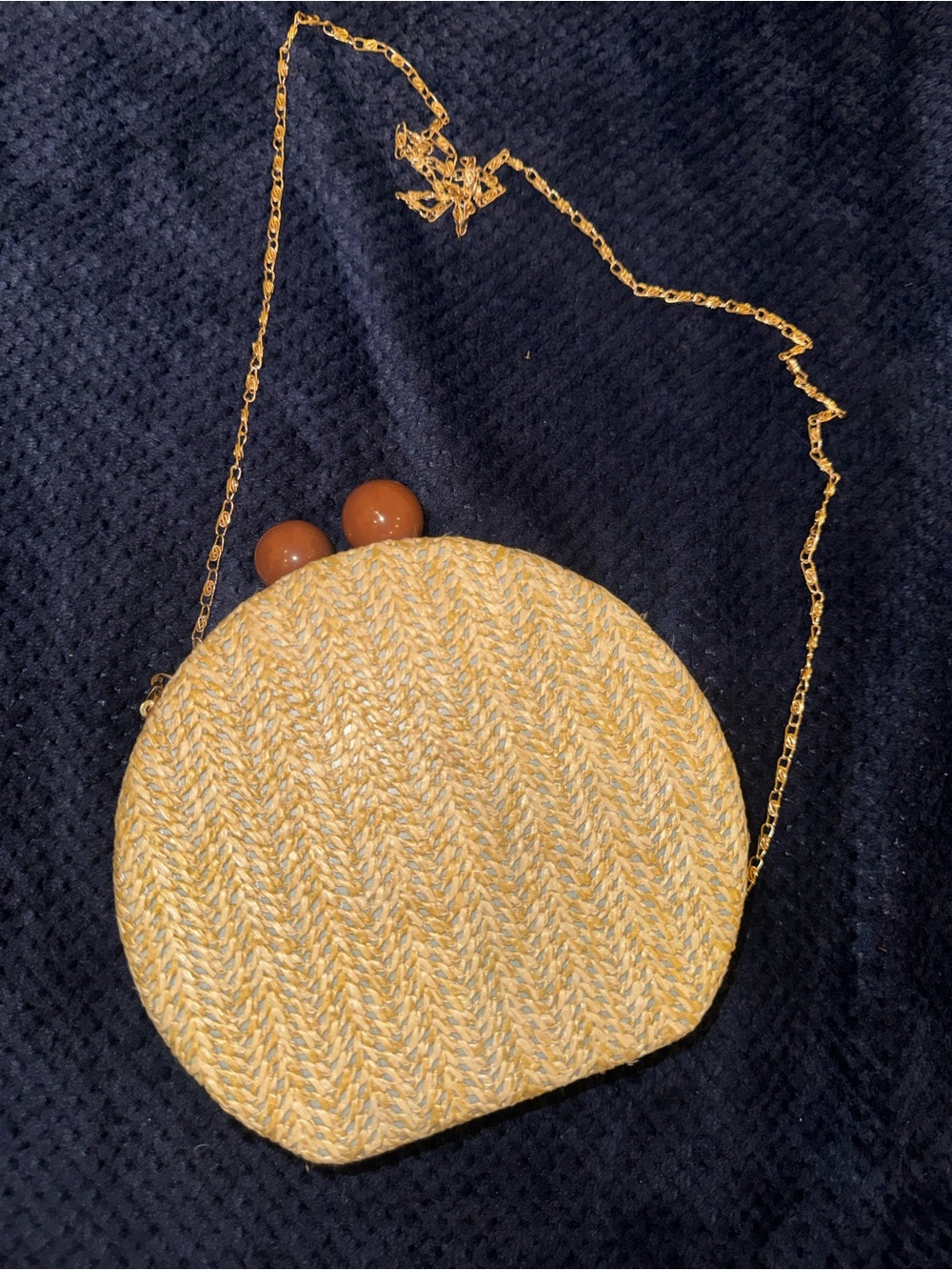 Woven Round Straw Crossbody Bag in Mustard Yellow with Gold Chain